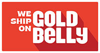 Red rectangle with white text that reads "We ship on Gold Belly" in bold, capital letters.
