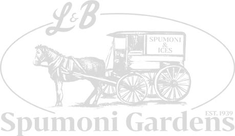 Logo of L&B Spumoni Gardens depicting a horse-drawn cart with the text "Spumoni & Ices" on it.