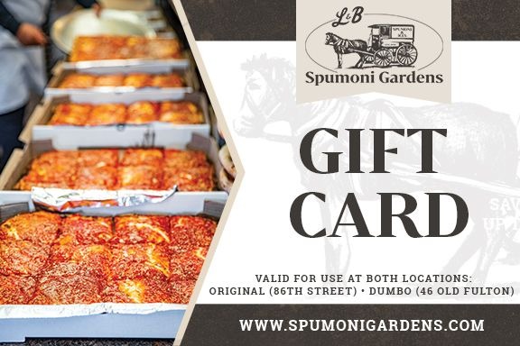 Gift card for L&B Spumoni Gardens, valid at both locations. Image shows trays of Sicilian pizza in boxes. Website: www.spumonigardens.com.