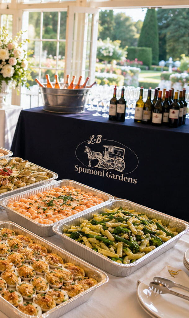Buffet table with trays of pasta, seafood, and vegetables, with wine and champagne bottles on a table labeled “Spumoni Gardens,” set in a bright room overlooking a garden.