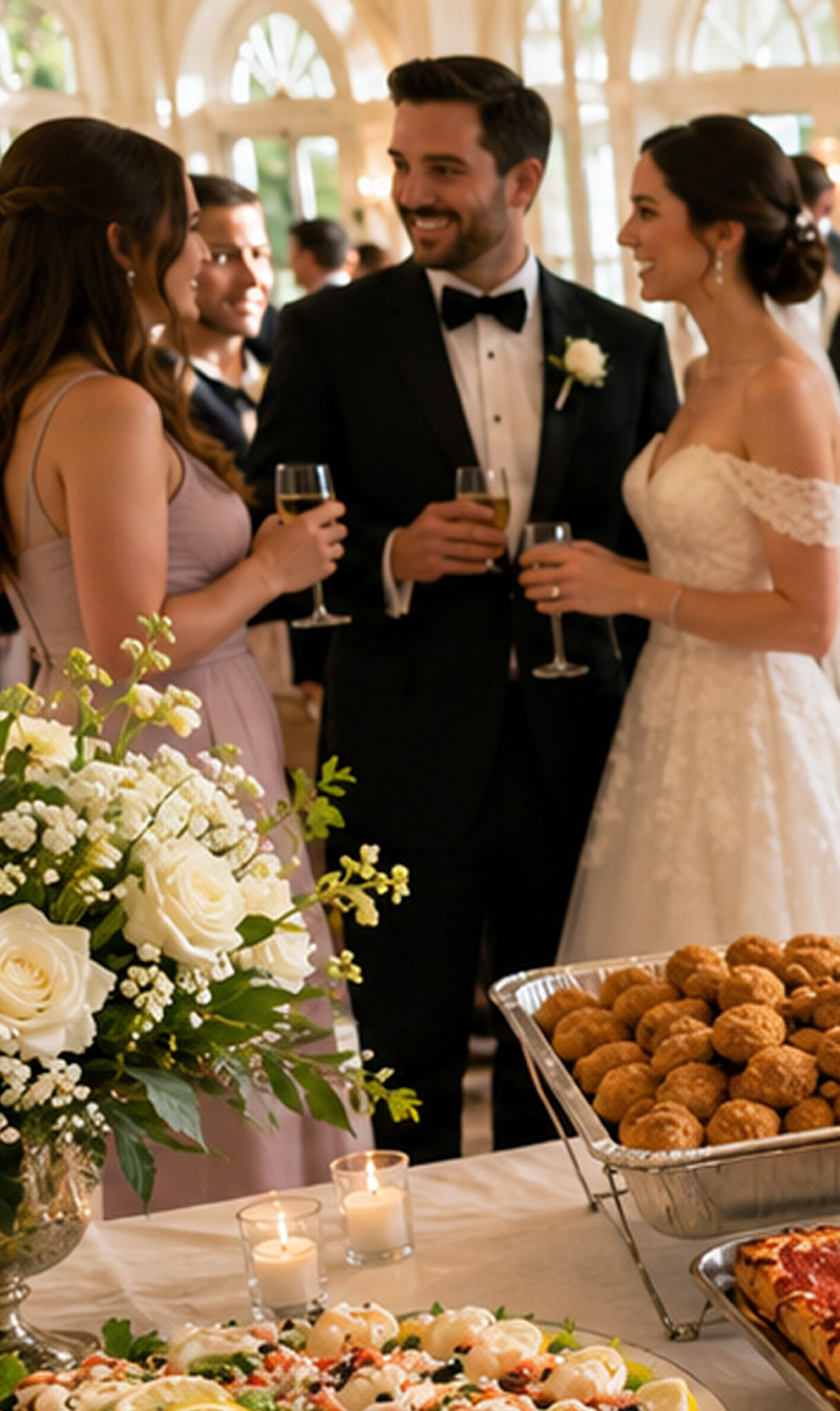 A bride and groom in formal attire converse with a guest at a wedding reception buffet, with trays of food, flowers, and candles visible in the foreground.