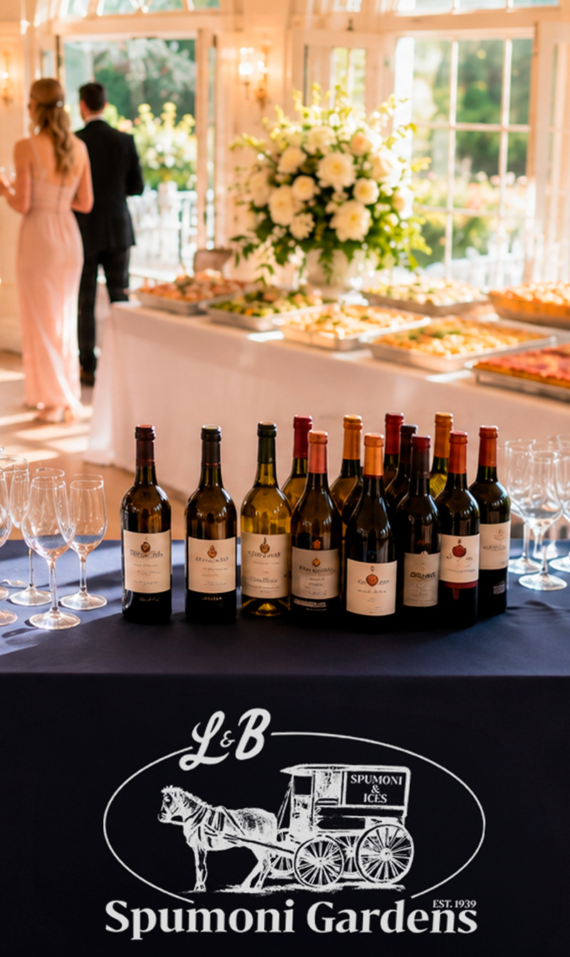 Table with assorted wine bottles and empty glasses in front of a buffet spread, with two people in formal attire standing in the background.