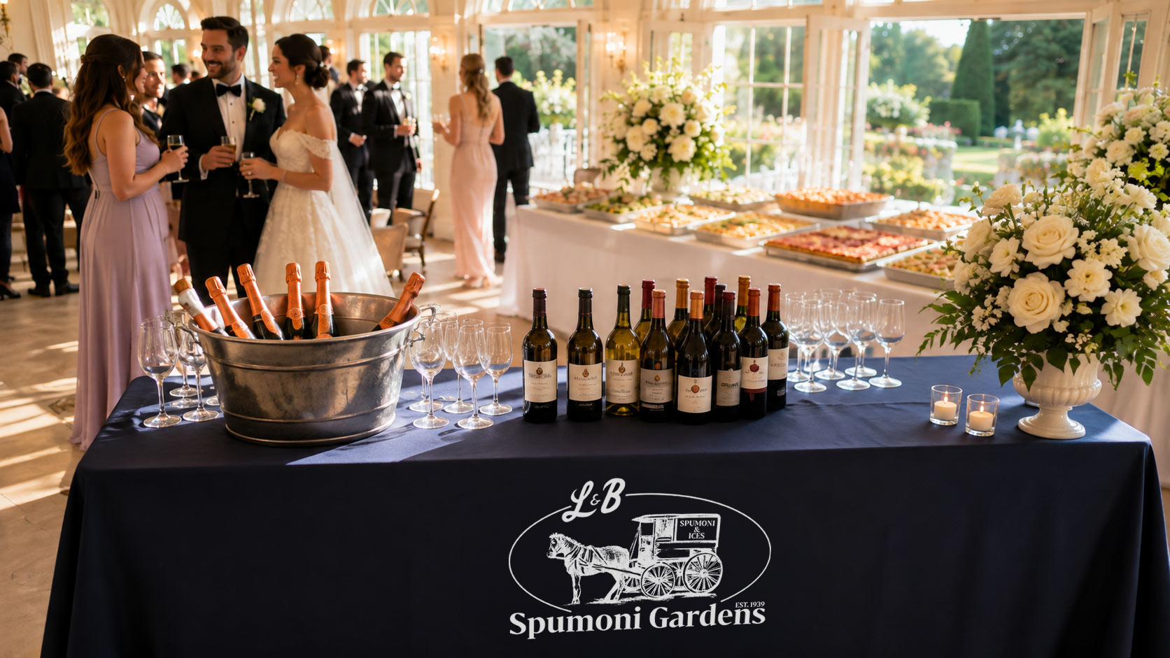 A table with wine bottles, glasses, and a bucket of champagne is set up at a Spumoni Gardens event, with guests socializing and food displays in the background.